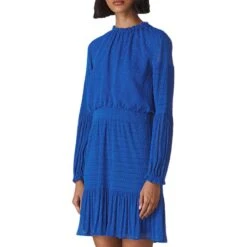 WHISTLES Blue Oriel Dobby Pleated Dress