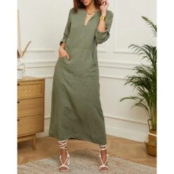 LE MONDE DU LIN Khaki Front Pocket Linen Dress