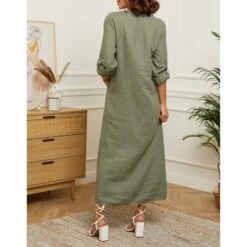 LE MONDE DU LIN Khaki Front Pocket Linen Dress -Exquisite Clothing 17442522 12