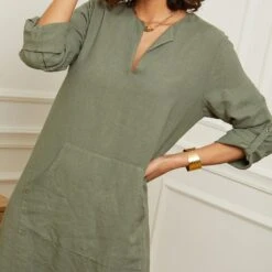 LE MONDE DU LIN Khaki Front Pocket Linen Dress -Exquisite Clothing 17442522 13