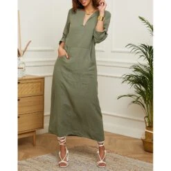 LE MONDE DU LIN Khaki Front Pocket Linen Dress -Exquisite Clothing 17442522 14