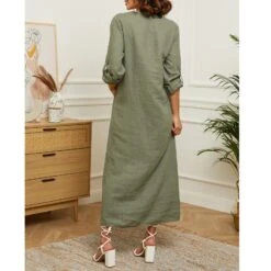 LE MONDE DU LIN Khaki Front Pocket Linen Dress -Exquisite Clothing 17442522 3