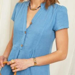 Rodier Indigo Button Linen Mini Dress -Exquisite Clothing 17585427 4