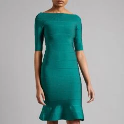 Herve Leger Alpine Green Boat Neck Flare Bandage Dress -Exquisite Clothing 17672304 6