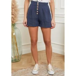 LE MONDE DU LIN Navy High Waisted Linen Short