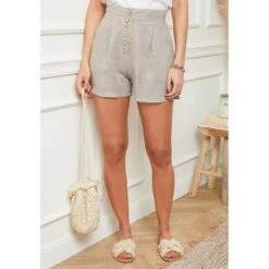LE MONDE DU LIN Taupe High Waisted Linen Short