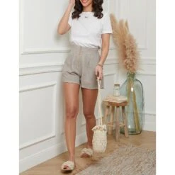 LE MONDE DU LIN Taupe High Waisted Linen Short -Exquisite Clothing 17941054 13