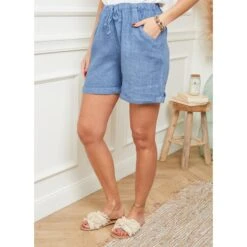 LE MONDE DU LIN Blue Turn Up Linen Shorts -Exquisite Clothing 17941326 2