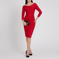 Herve Leger Red Criss Cross Pencil Bandage Dress