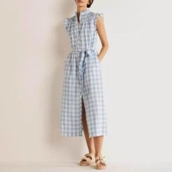 Boden Blue Checked Jane Smocked Midi Shirt Dress