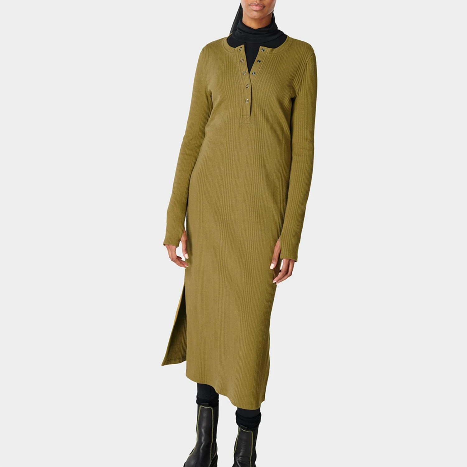 Sweaty Betty Khaki Henley Cotton Blend Midi Dress 3 Sweaty Betty Khaki Henley Cotton Blend Midi Dress