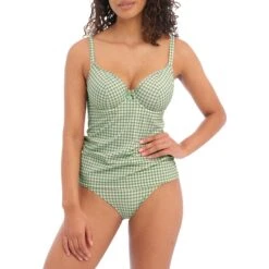 Freya Khaki Check In Uw Plunge Tankini Top