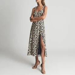 Reiss Ivory Yanna Floral Slit Leg Midi Dress