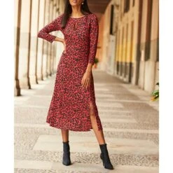 SOSANDAR Red & Black Animal Print Keyhole Detail Midi Dress