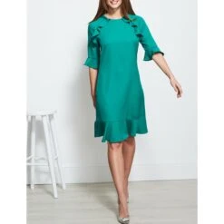 SOSANDAR Emerald Green Ruffle Trim Detail Shift Dress -Exquisite Clothing 18275613 3
