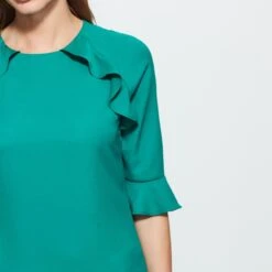 SOSANDAR Emerald Green Ruffle Trim Detail Shift Dress -Exquisite Clothing 18275613 4