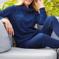 SOSANDAR Navy Blue Premium Textured Roll Neck Lounge Top