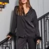 SOSANDAR Black Premium Pyjama Top With Feather Trim -Exquisite Clothing 18277262 1
