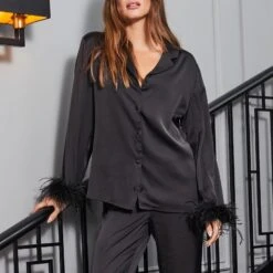 SOSANDAR Black Premium Pyjama Top With Feather Trim