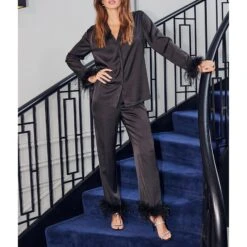 SOSANDAR Black Premium Pyjama Top With Feather Trim -Exquisite Clothing 18277262 3