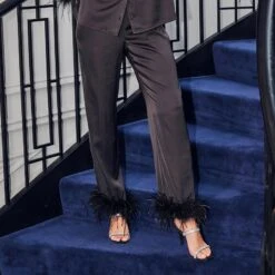 SOSANDAR Black Premium Pyjama Bottoms With Feather Trim