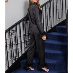 SOSANDAR Black Premium Pyjama Bottoms With Feather Trim -Exquisite Clothing 18277271 4