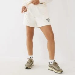 True Religion Ecru Relaxed Cotton Blend Jogger Shorts