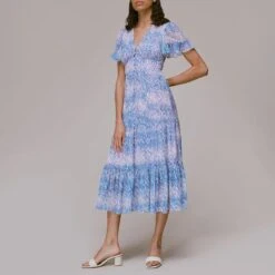 WHISTLES Blue Printed Dobby Midi Dress