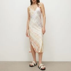 AllSaints Pink Melody Printed Silk Blend Slip Dress