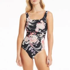 Sea Level Black Martini Square Neck Scoop Back One Piece