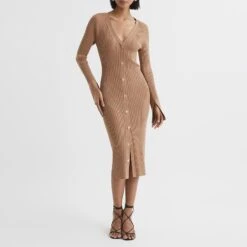 Reiss Camel Avery V-Neck Ribbed Dress