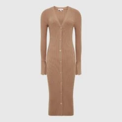 Reiss Camel Avery V-Neck Ribbed Dress -Exquisite Clothing 18387415 3