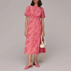 WHISTLES Pink Animal Print Silk Midi Dress