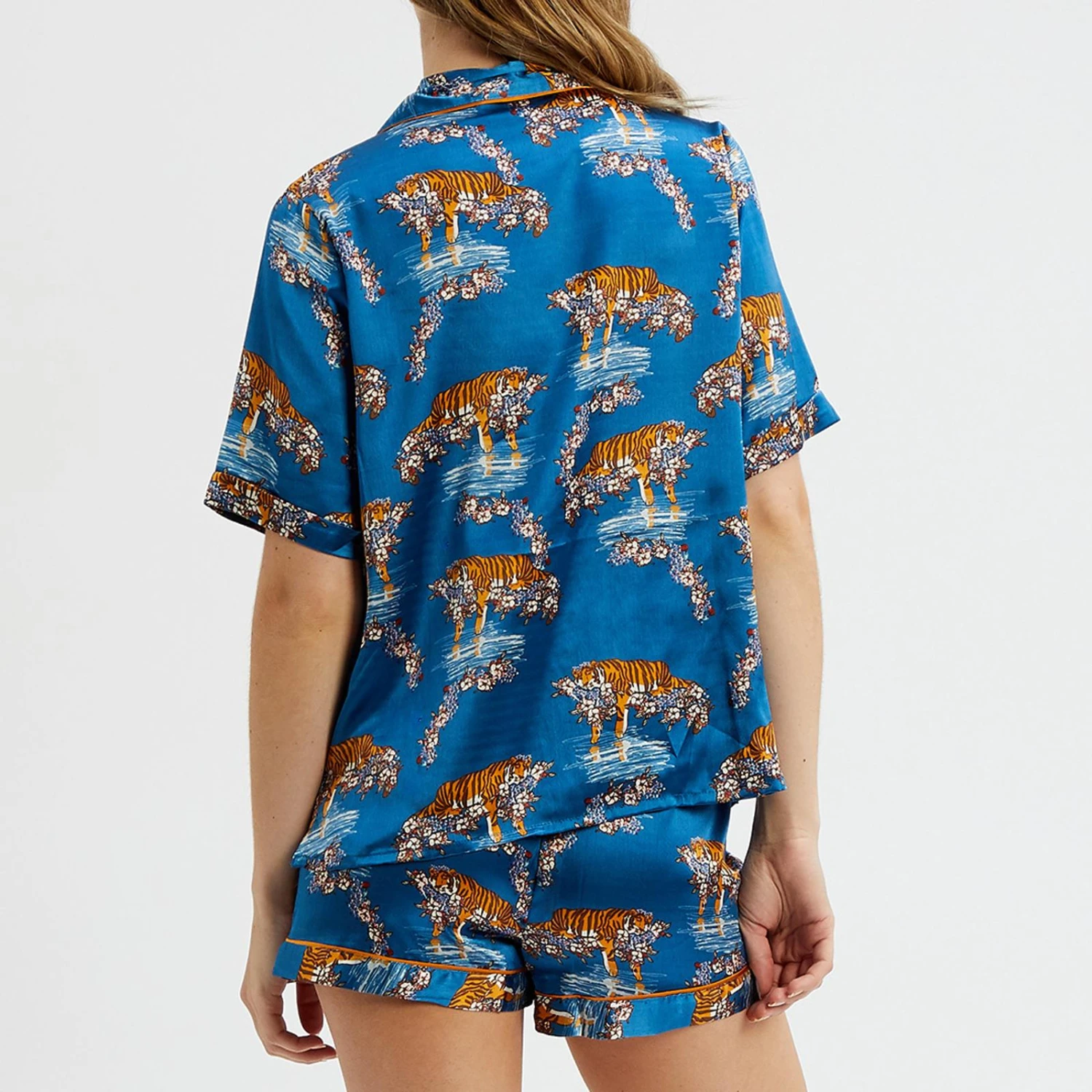 Their Nibs Blue Floral Tiger Print Satin Short Pyjamas 4 Their Nibs Blue Floral Tiger Print Satin Short Pyjamas - Image 2