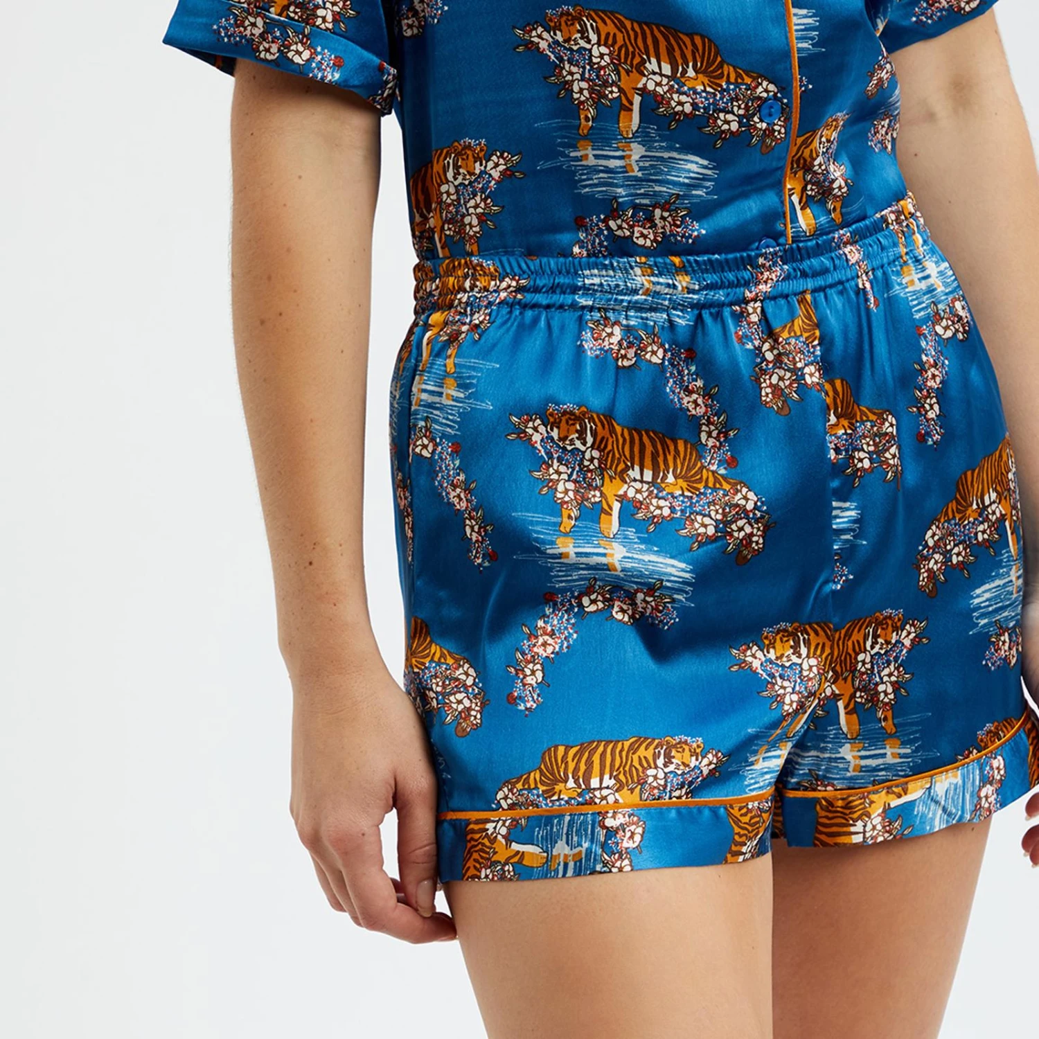 Their Nibs Blue Floral Tiger Print Satin Short Pyjamas 6 Their Nibs Blue Floral Tiger Print Satin Short Pyjamas - Image 4