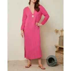 LE MONDE DU LIN Pink Linen Broaderie Sleeve Maxi Dress -Exquisite Clothing 18469668 3