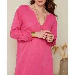 LE MONDE DU LIN Pink Linen Broaderie Sleeve Maxi Dress -Exquisite Clothing 18469668 4