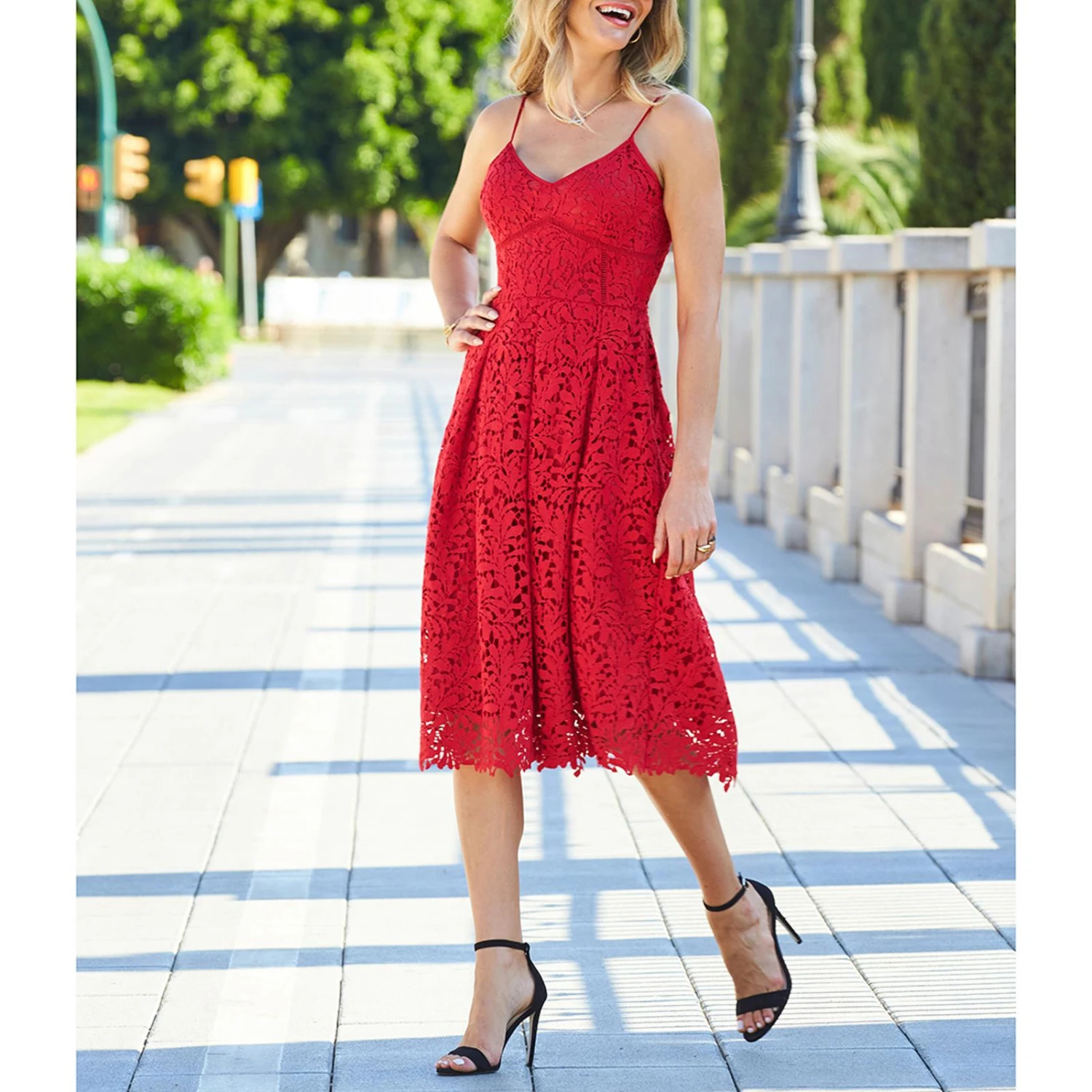SOSANDAR Red Lace Premium Strappy Fit & Flare Dress 3 SOSANDAR Red Lace Premium Strappy Fit & Flare Dress
