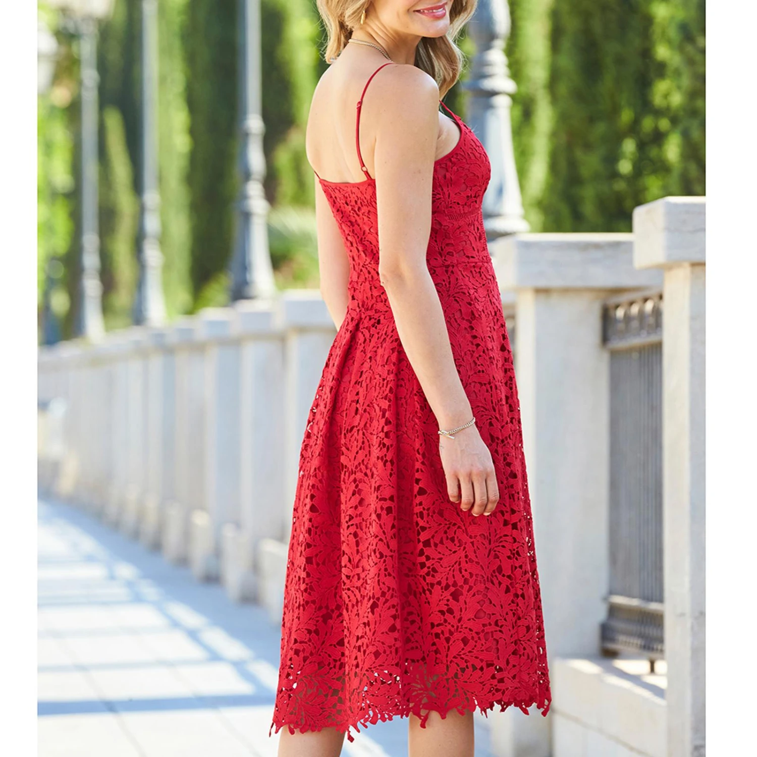 SOSANDAR Red Lace Premium Strappy Fit & Flare Dress 4 SOSANDAR Red Lace Premium Strappy Fit & Flare Dress - Image 2