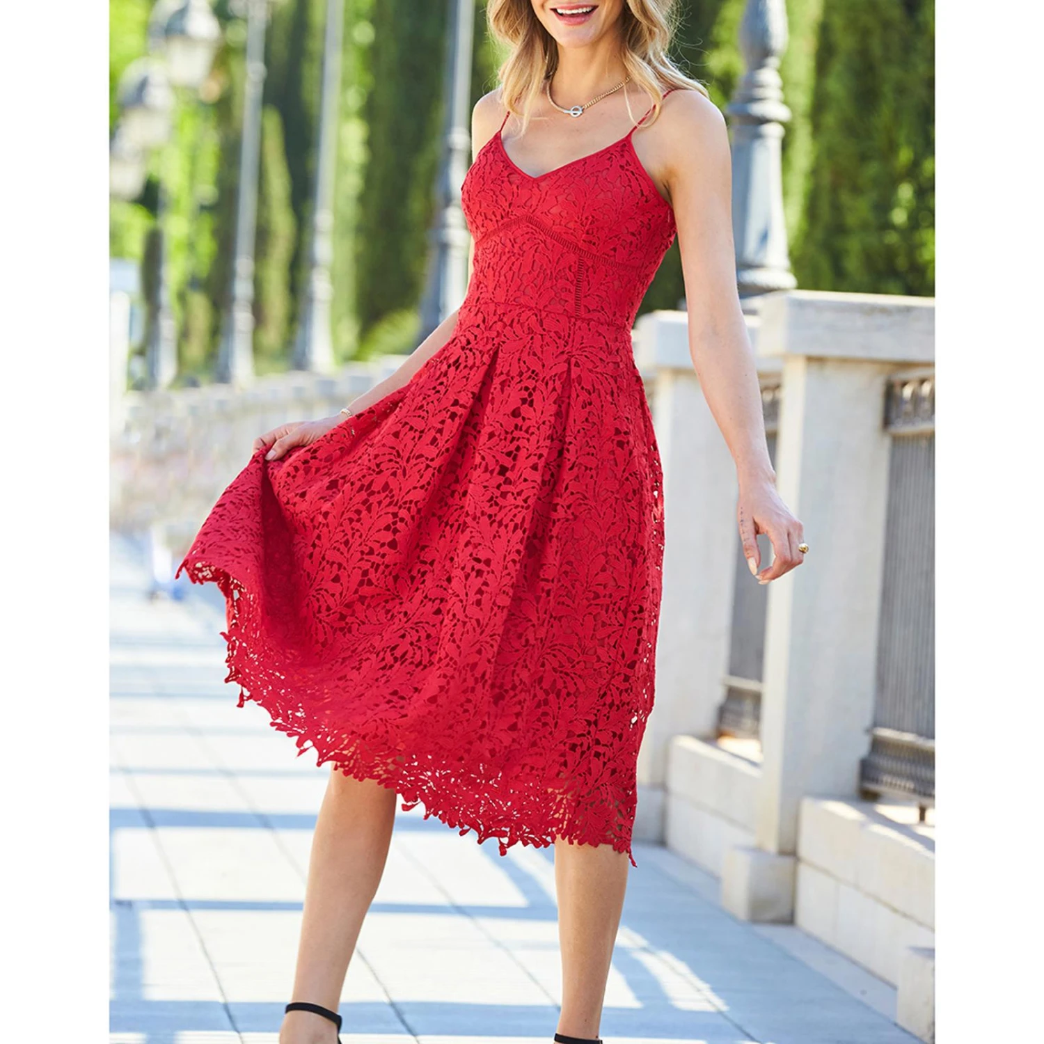 SOSANDAR Red Lace Premium Strappy Fit & Flare Dress 5 SOSANDAR Red Lace Premium Strappy Fit & Flare Dress - Image 3