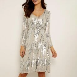 SOSANDAR Silver Scattered Sequin V Neck Dress