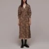 WHISTLES Brown Animal Print Shirred Midi Dress -Exquisite Clothing 18516385 1