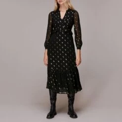WHISTLES Black Dobby Metallic Midi Dress
