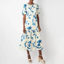 Wyse Ecru/Blue Esme Scattered Floral Dress