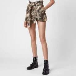 AllSaints Khaki Cori Silk Blend Shorts