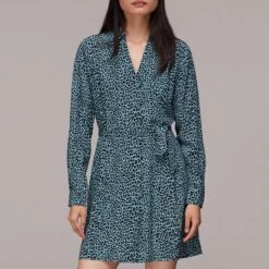 WHISTLES Blue Contrast Leopard Belted Dress