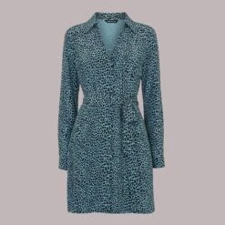 WHISTLES Blue Contrast Leopard Belted Dress -Exquisite Clothing 18578497 4