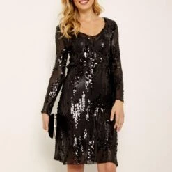 SOSANDAR Black Scattered Sequin V Neck Dress