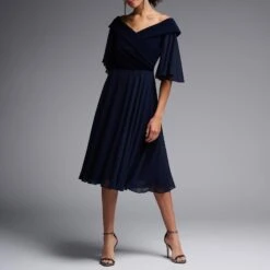 Joseph Ribkoff Navy Off Shoulder Frill Midi Dress -Exquisite Clothing 18613996 4