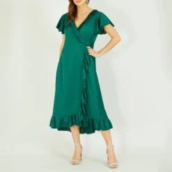 Yumi Green Satin Wrap Midi Dress -Exquisite Clothing 18626220 3